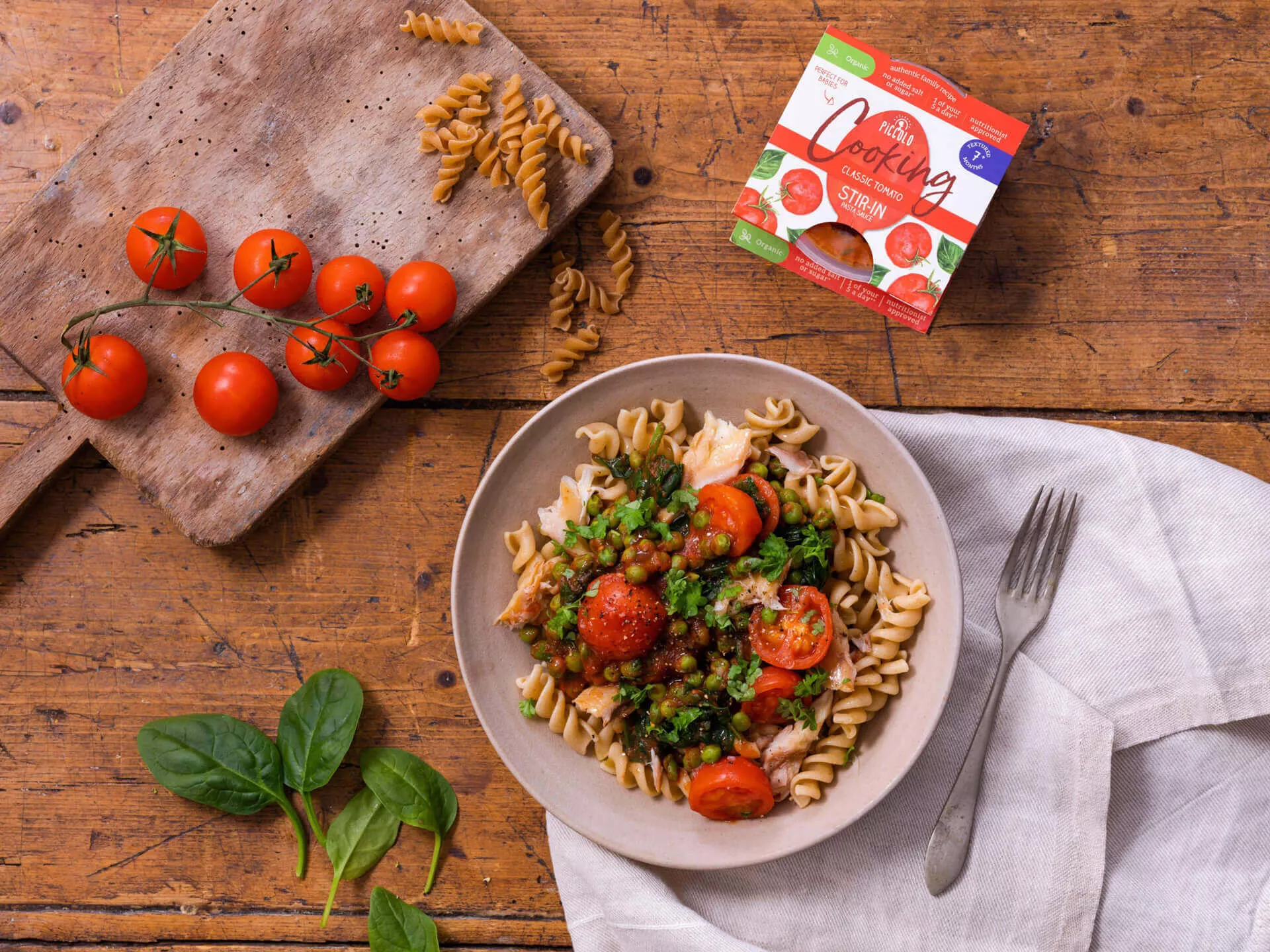 Spinach & tomato smoked mackerel pasta